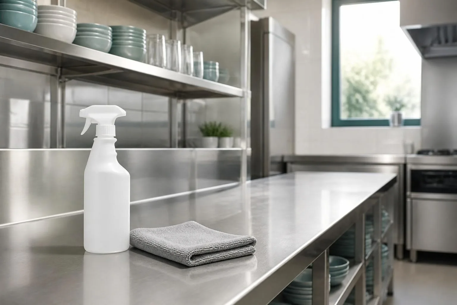 Encimera de acero inoxidable de una cocina profesional recién limpiada