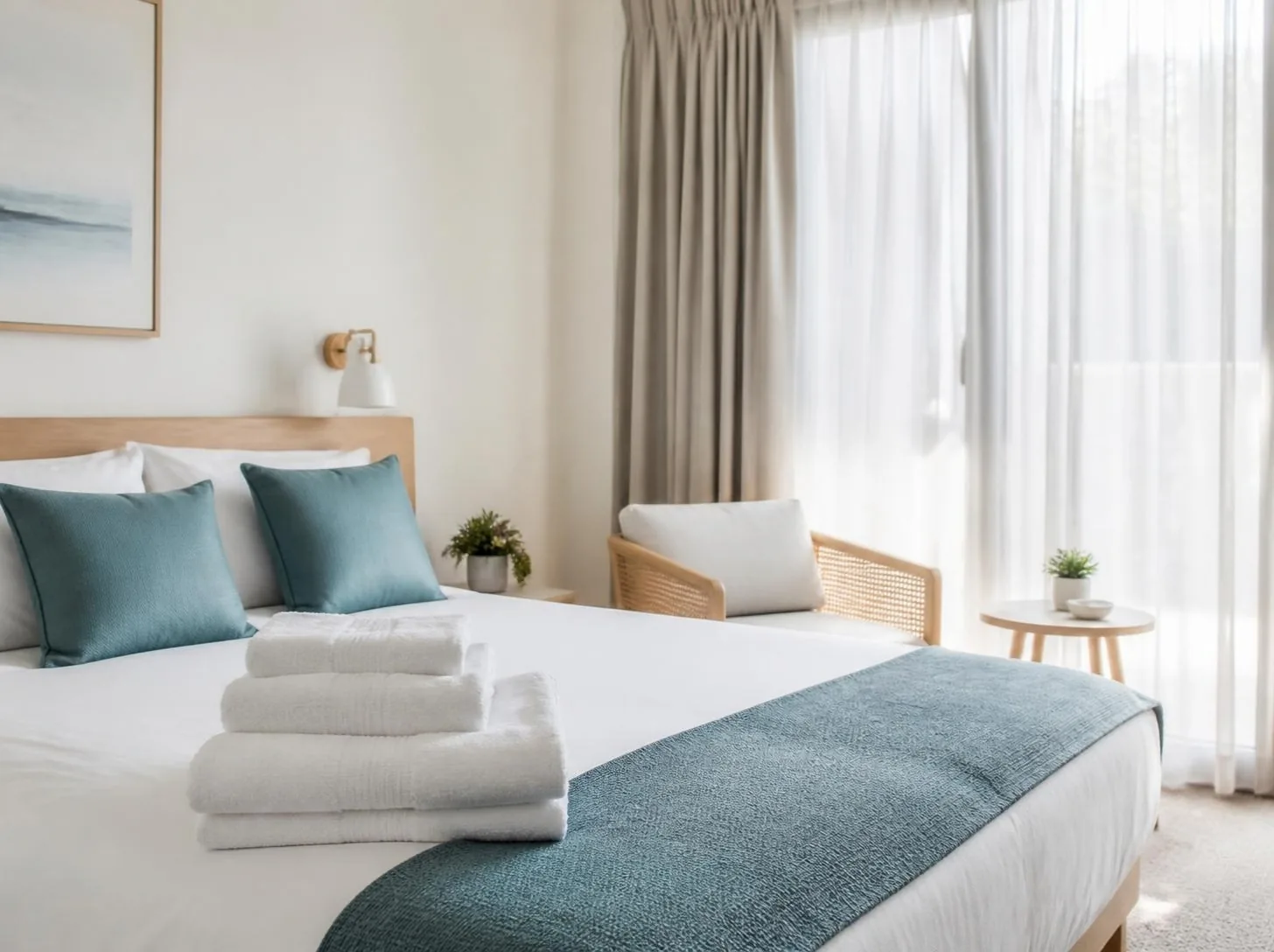 Habitación de hotel preparada, con toallas dobladas sobre la cama