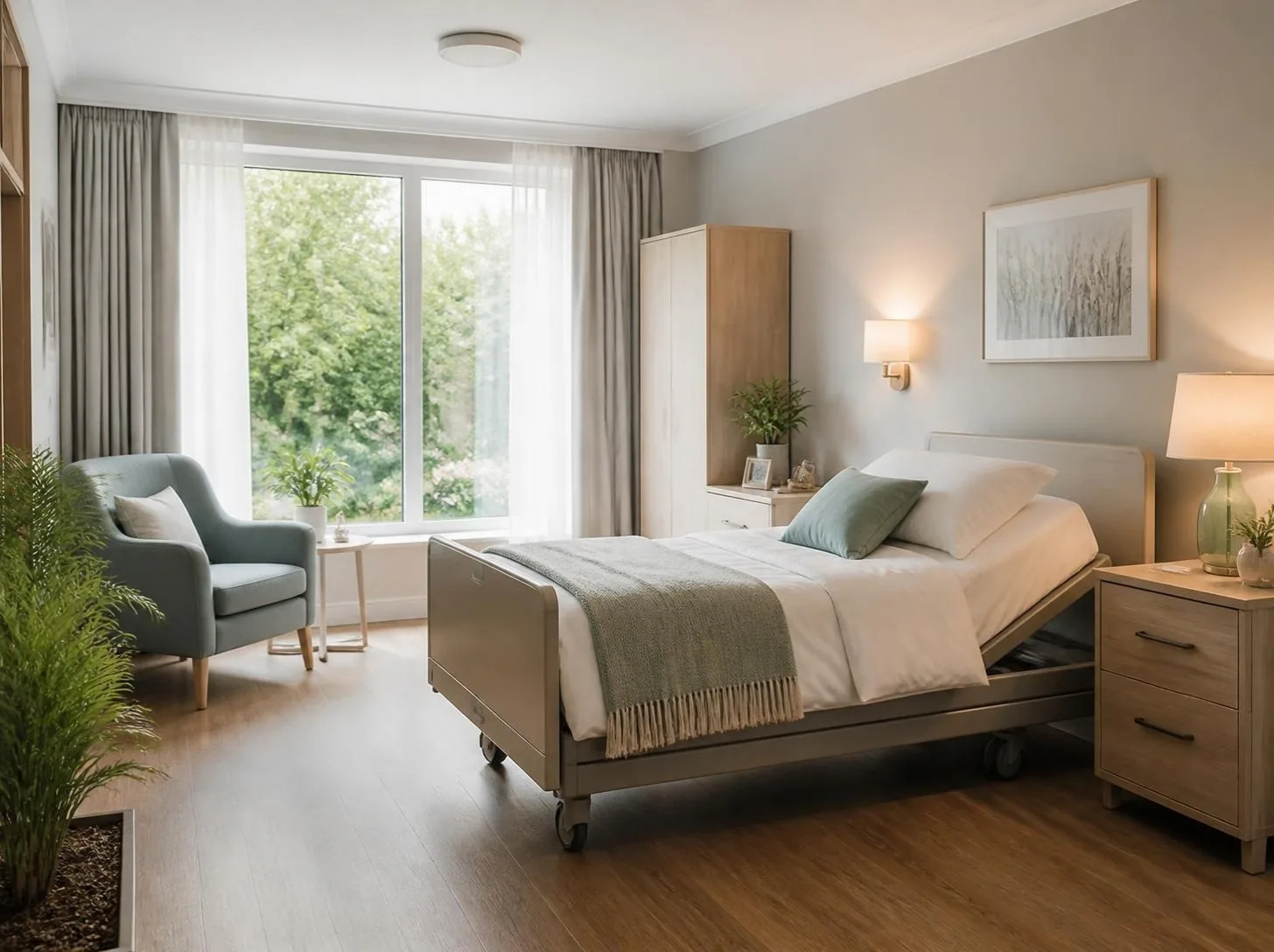 Habitación de residencia con cama articulada y ropa de cama limpia