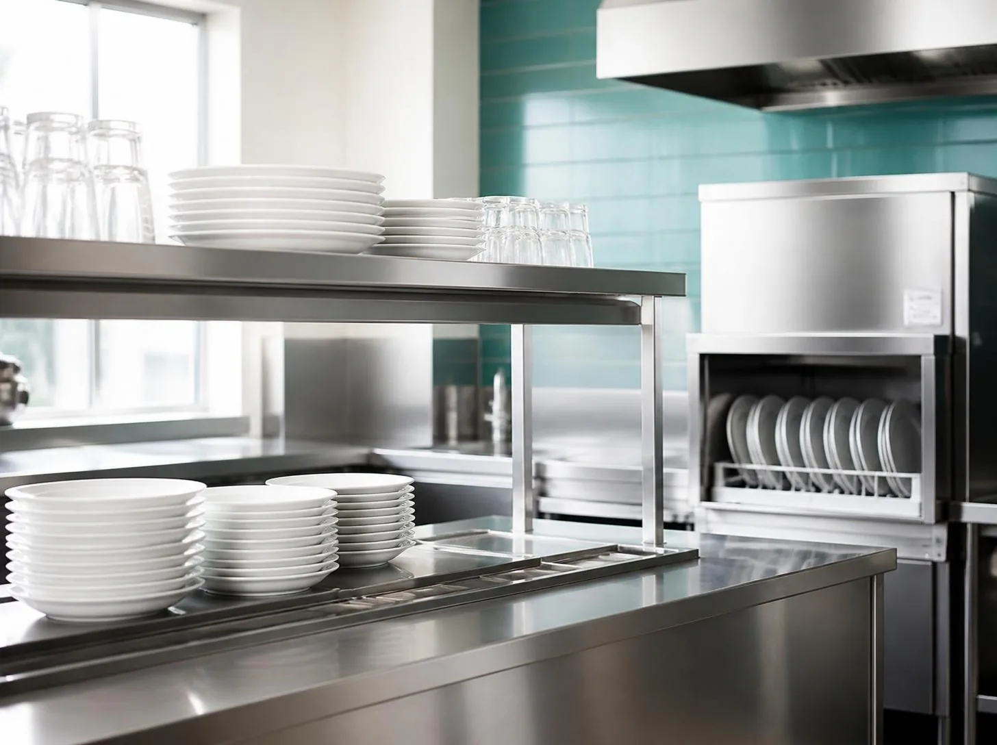 Zona de lavado de una cocina profesional con la vajilla limpia