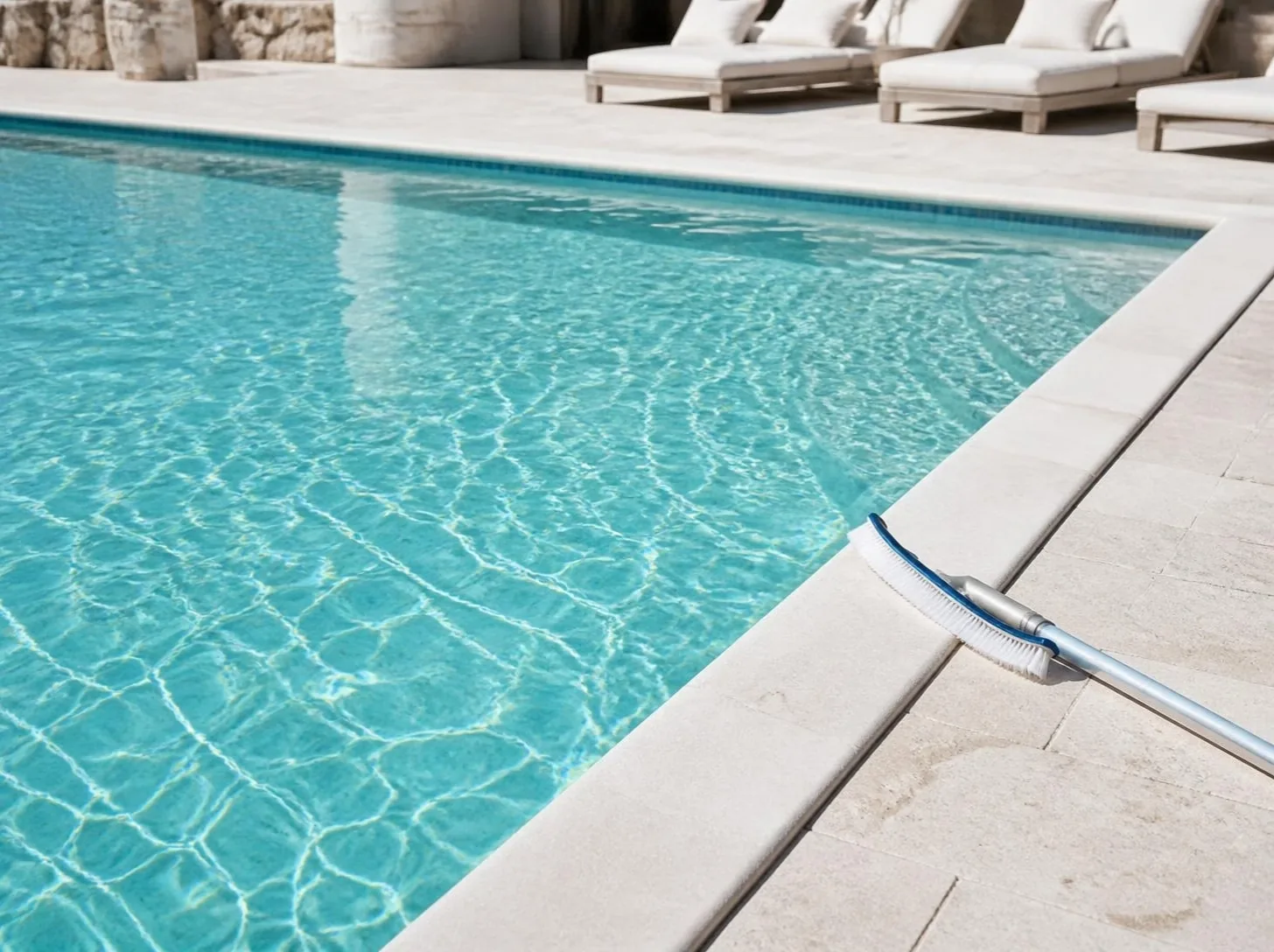 Piscina de agua cristalina con el limpiafondos en el borde